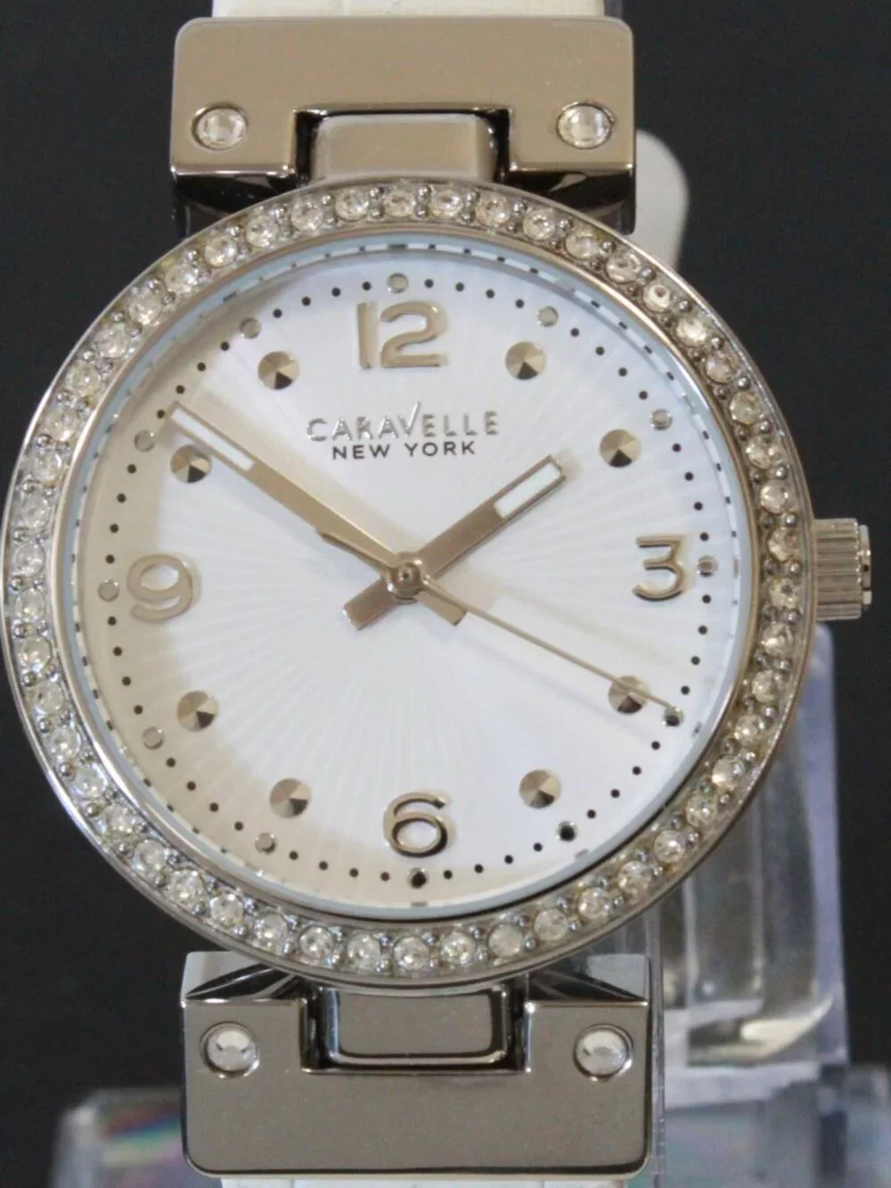 Caravelle Ladies Dress Watch By Bulova Crystal Bezel Reversible Strap 32mm